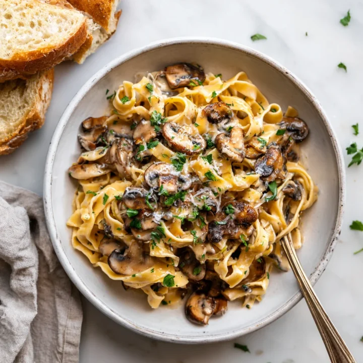 Delicious Mushroom Stroganoff Pasta combining earthy mushrooms and a creamy sauce, perfect for cozy dinners.