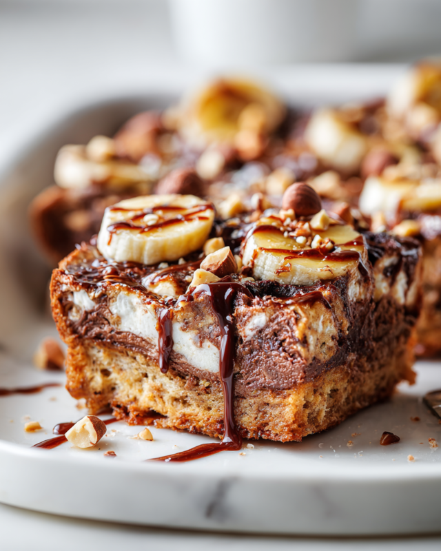 Delicious Nutella Blended Baked Oats topped with banana and hazelnuts, perfect for holiday breakfasts.