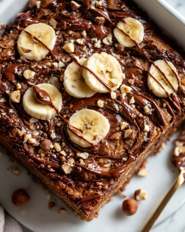 Delicious Nutella Blended Baked Oats topped with banana and hazelnuts, perfect for holiday breakfasts.