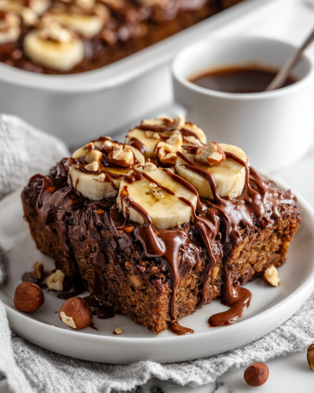 Delicious Nutella Blended Baked Oats topped with banana and hazelnuts, perfect for holiday breakfasts.
