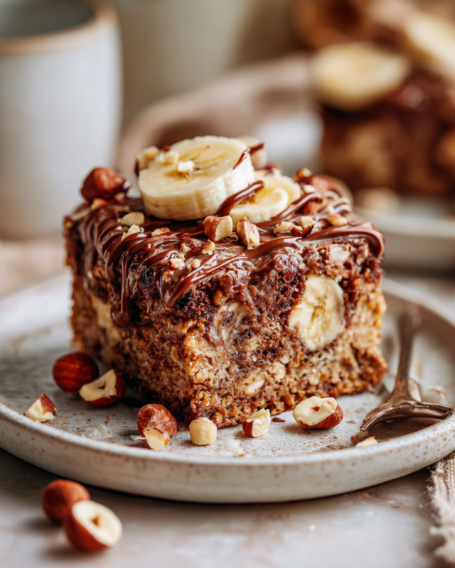 Delicious Nutella Blended Baked Oats topped with banana and hazelnuts, perfect for holiday breakfasts.