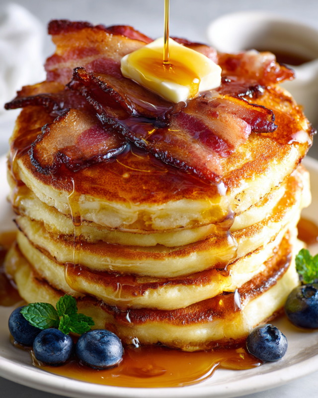 Fluffy American pancakes topped with crispy bacon, perfect for a cozy breakfast and holiday gatherings.