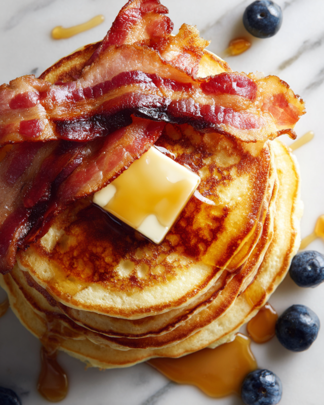 Fluffy American pancakes topped with crispy bacon, perfect for a cozy breakfast and holiday gatherings.
