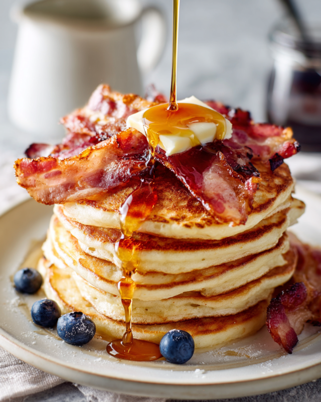 Fluffy American pancakes topped with crispy bacon, perfect for a cozy breakfast and holiday gatherings.