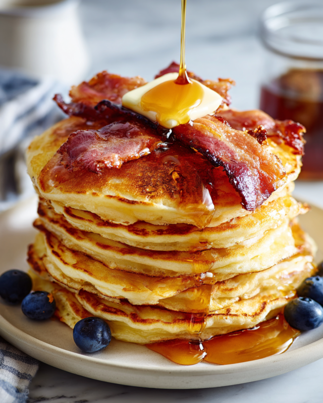 Fluffy American pancakes topped with crispy bacon, perfect for a cozy breakfast and holiday gatherings.