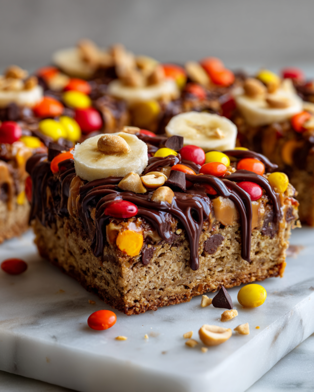 Delicious Reese's Pieces Peanut Butter Baked Oats in a baking dish, perfect for a cozy breakfast. Easy to make and packed with flavor.