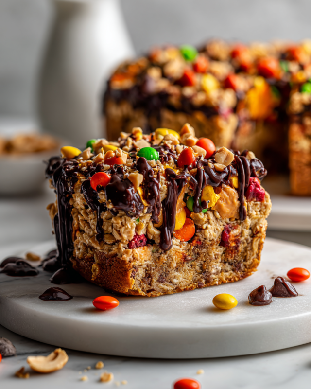 Delicious Reese's Pieces Peanut Butter Baked Oats in a baking dish, perfect for a cozy breakfast. Easy to make and packed with flavor.