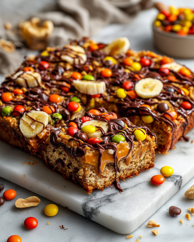 Delicious Reese's Pieces Peanut Butter Baked Oats in a baking dish, perfect for a cozy breakfast. Easy to make and packed with flavor.
