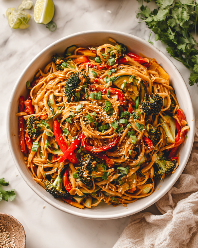 Bowl of peanut noodles with colorful roasted vegetables, garnished with scallions and sesame seeds, perfect for weeknight dinners and potlucks.