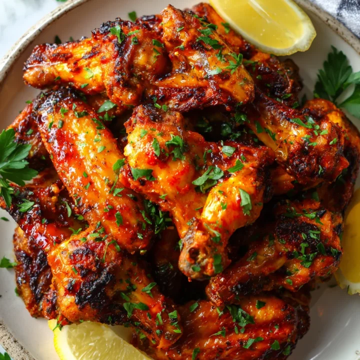 Crispy Peri Peri Chicken Wings garnished with parsley and lemon, perfect for festive gatherings and parties.