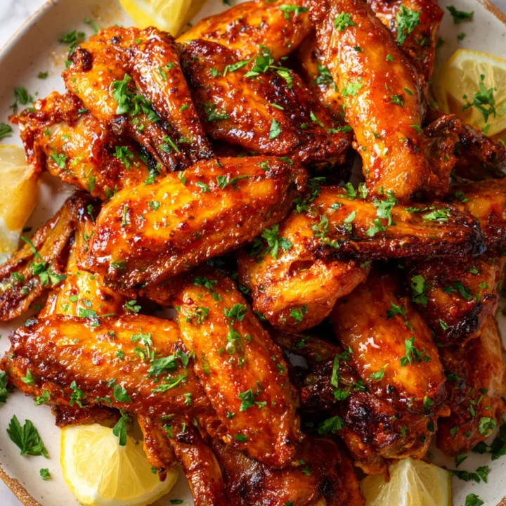 Crispy Peri Peri Chicken Wings garnished with parsley and lemon, perfect for festive gatherings and parties.