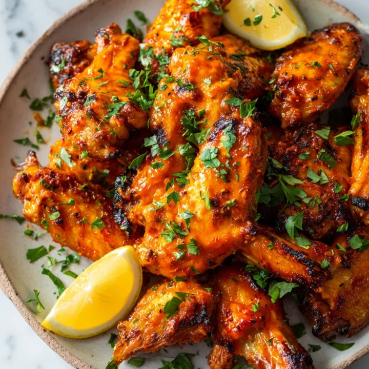 Crispy Peri Peri Chicken Wings garnished with parsley and lemon, perfect for festive gatherings and parties.