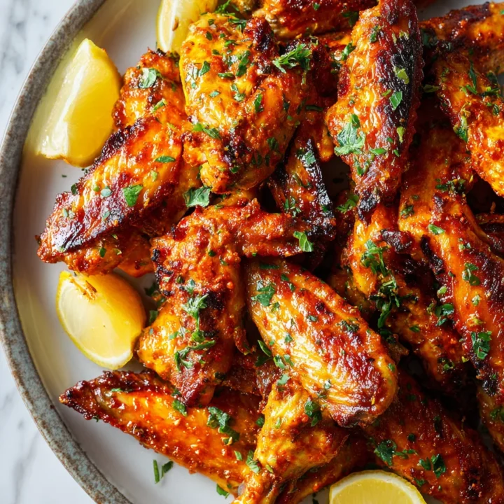 Crispy Peri Peri Chicken Wings garnished with parsley and lemon, perfect for festive gatherings and parties.