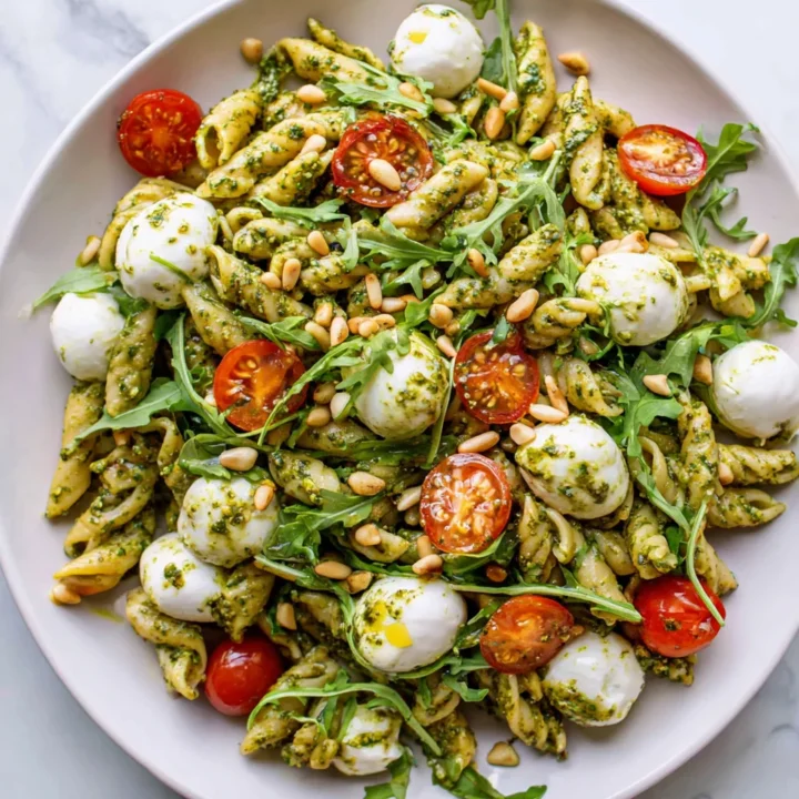 A colorful Pesto Pasta Salad with fresh vegetables and mozzarella, drizzled with basil pesto, perfect for gatherings.