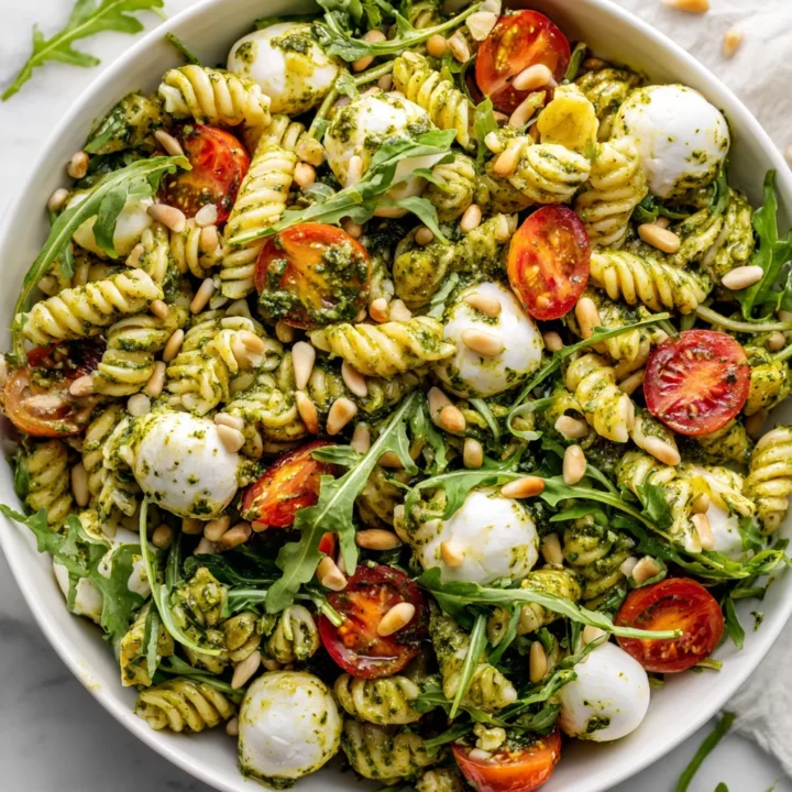 A colorful Pesto Pasta Salad with fresh vegetables and mozzarella, drizzled with basil pesto, perfect for gatherings.