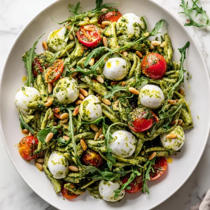 A colorful Pesto Pasta Salad with fresh vegetables and mozzarella, drizzled with basil pesto, perfect for gatherings.