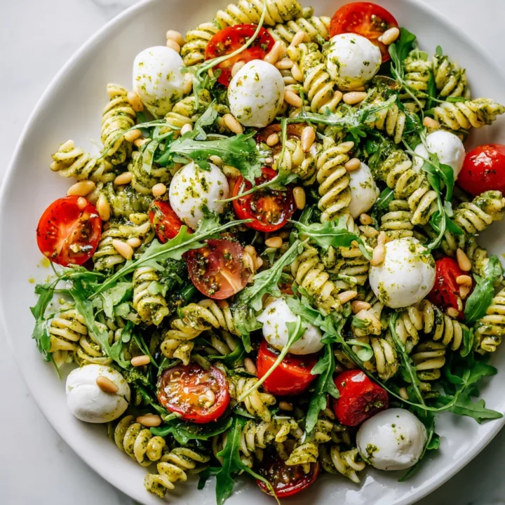 A colorful Pesto Pasta Salad with fresh vegetables and mozzarella, drizzled with basil pesto, perfect for gatherings.