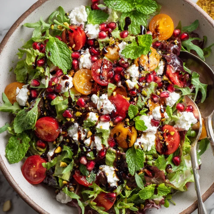 Vibrant Pistachio Feta Salad with mixed greens, feta, and pomegranate, ideal for holiday gatherings.