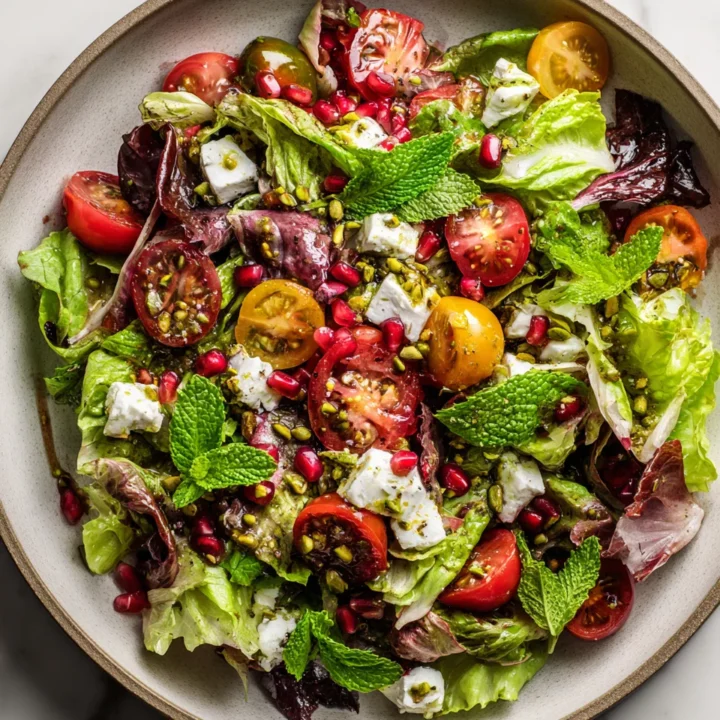 Vibrant Pistachio Feta Salad with mixed greens, feta, and pomegranate, ideal for holiday gatherings.