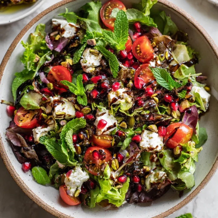 Vibrant Pistachio Feta Salad with mixed greens, feta, and pomegranate, ideal for holiday gatherings.
