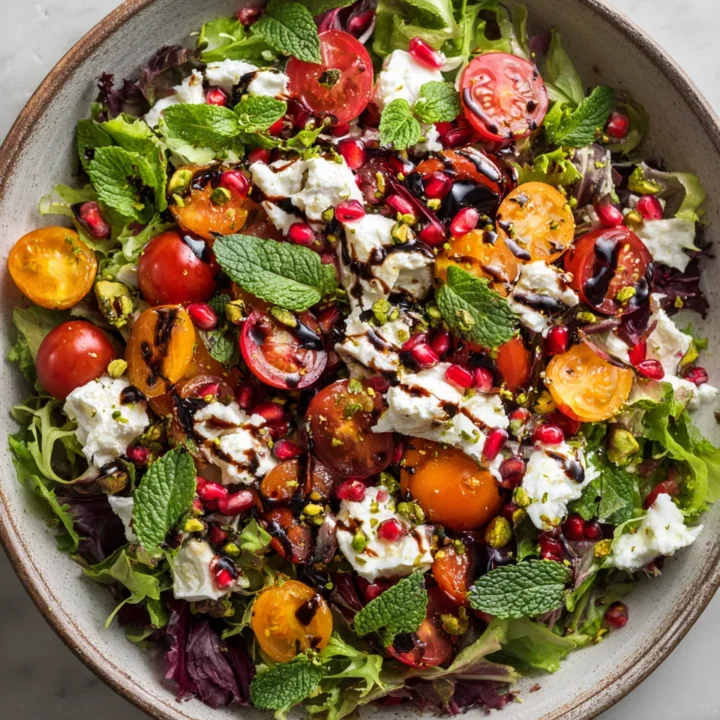 Vibrant Pistachio Feta Salad with mixed greens, feta, and pomegranate, ideal for holiday gatherings.