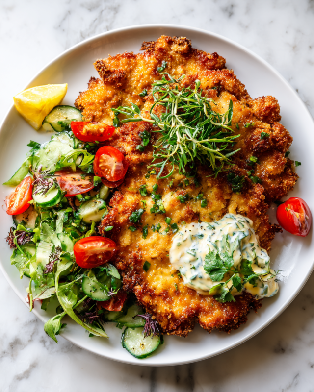 Crispy pork schnitzel served with aioli and fresh green salad, perfect holiday dish