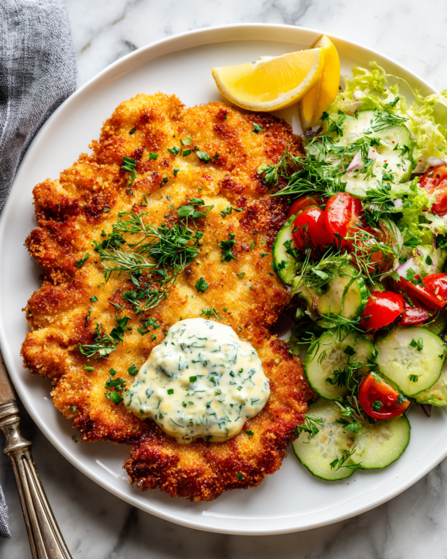 Crispy pork schnitzel served with aioli and fresh green salad, perfect holiday dish