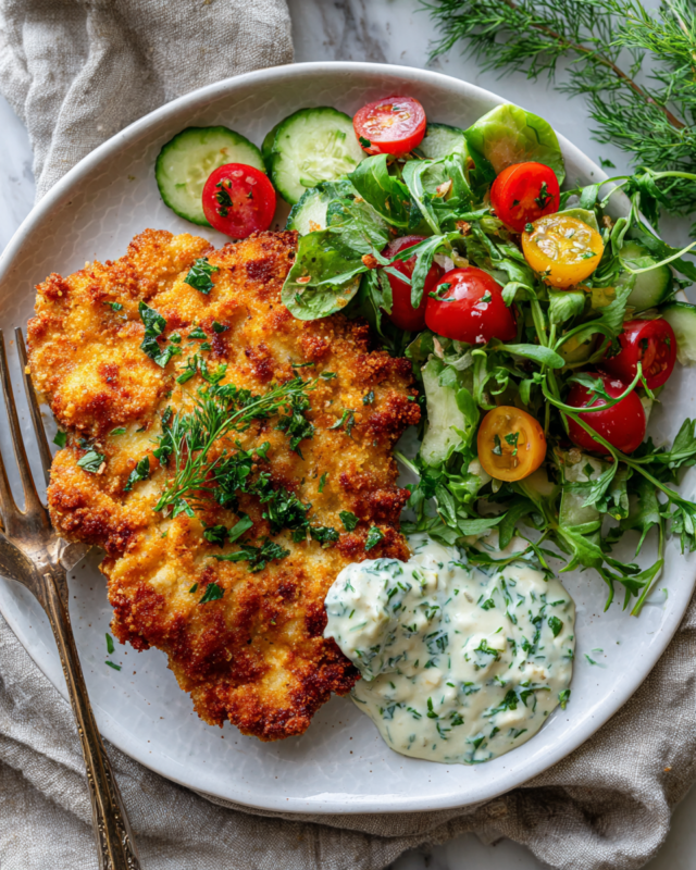 Crispy pork schnitzel served with aioli and fresh green salad, perfect holiday dish