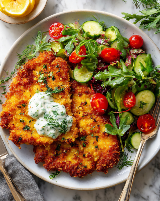 Crispy pork schnitzel served with aioli and fresh green salad, perfect holiday dish