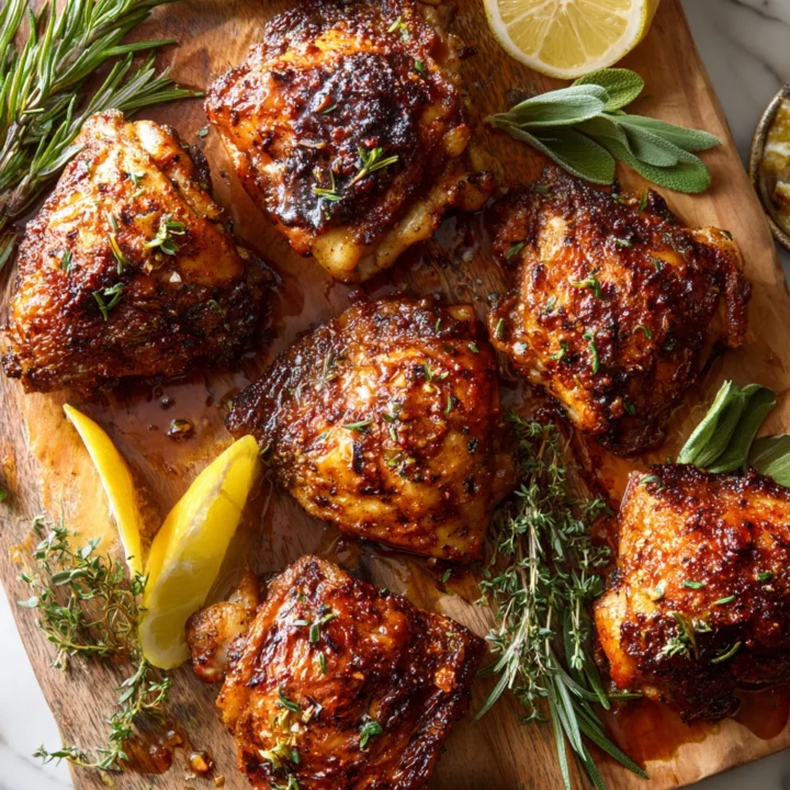 Crispy roasted bone-in chicken thighs marinated with fresh herbs and garlic, served as a comforting main dish for family gatherings.