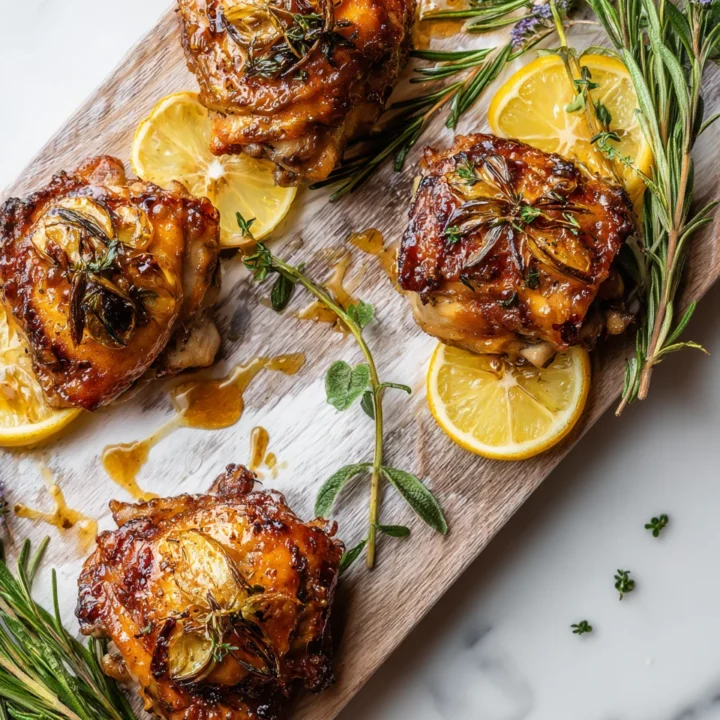 Crispy roasted bone-in chicken thighs marinated with fresh herbs and garlic, served as a comforting main dish for family gatherings.
