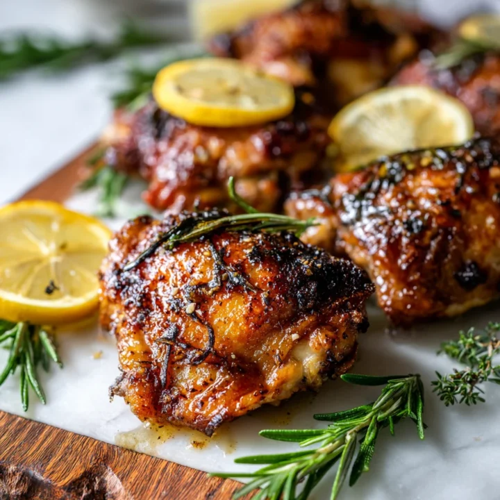 Crispy roasted bone-in chicken thighs marinated with fresh herbs and garlic, served as a comforting main dish for family gatherings.