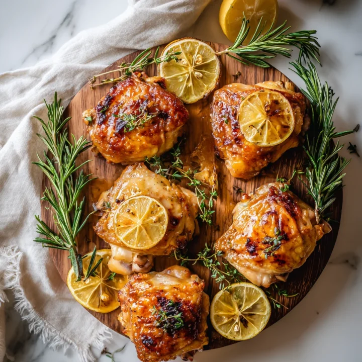 Crispy roasted bone-in chicken thighs marinated with fresh herbs and garlic, served as a comforting main dish for family gatherings.