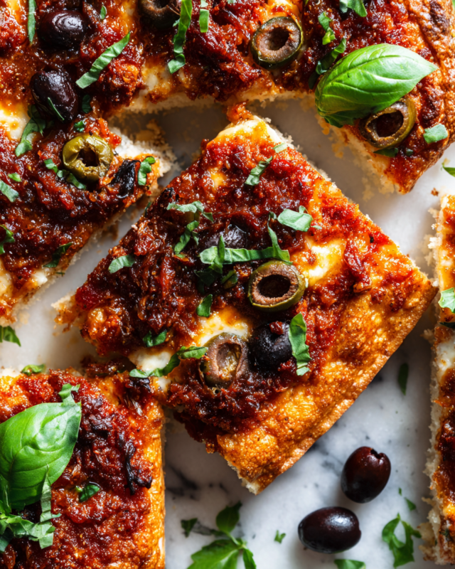 Delicious sheet pan puttanesca pizza with vibrant flavors, perfect for holiday gatherings, rich in olives and capers, topped with cheese.