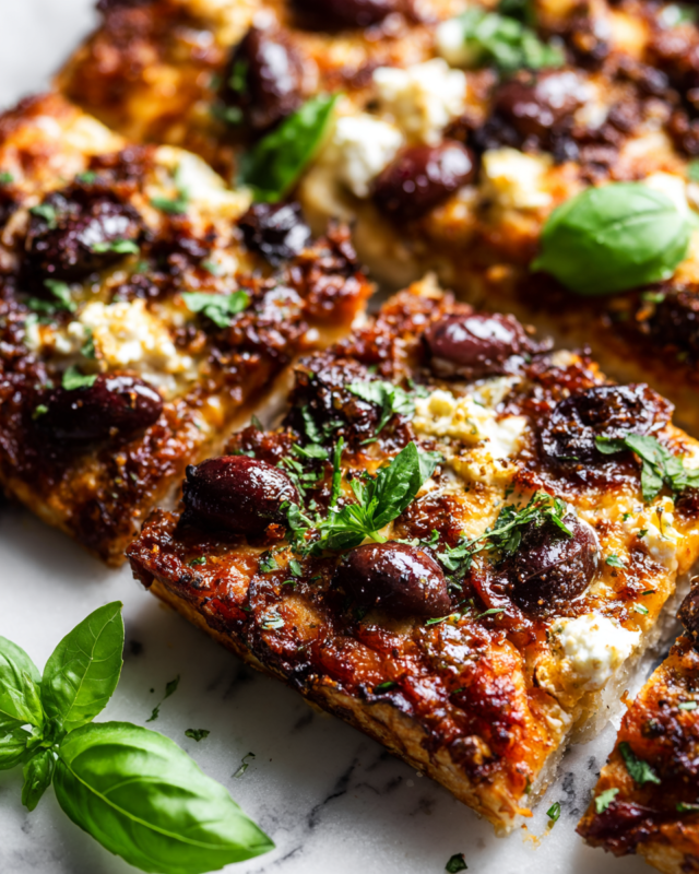 Delicious sheet pan puttanesca pizza with vibrant flavors, perfect for holiday gatherings, rich in olives and capers, topped with cheese.