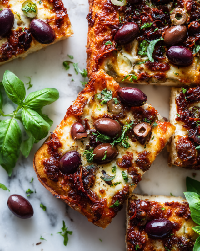 Delicious sheet pan puttanesca pizza with vibrant flavors, perfect for holiday gatherings, rich in olives and capers, topped with cheese.