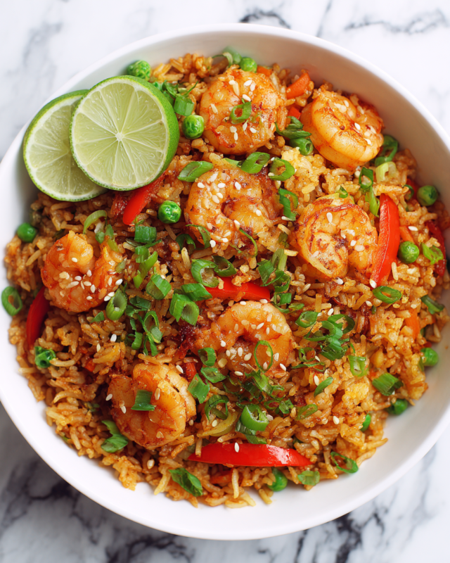 Colorful Singapore Fried Rice recipe with shrimp, vibrant vegetables, and aromatic spices for a quick holiday meal