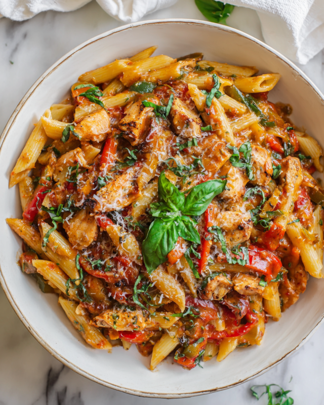 Delicious Spicy Chicken Pasta with vibrant vegetables and zesty sauce, perfect for fall gatherings