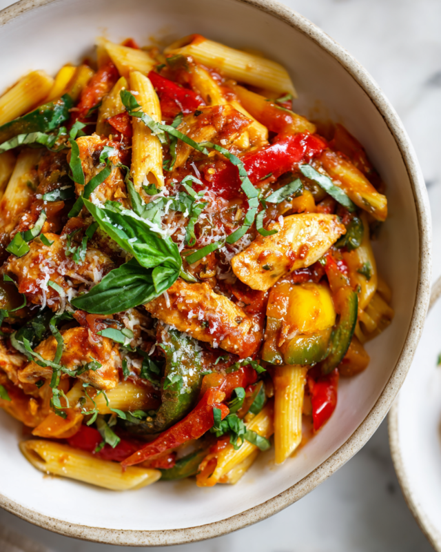 Delicious Spicy Chicken Pasta with vibrant vegetables and zesty sauce, perfect for fall gatherings