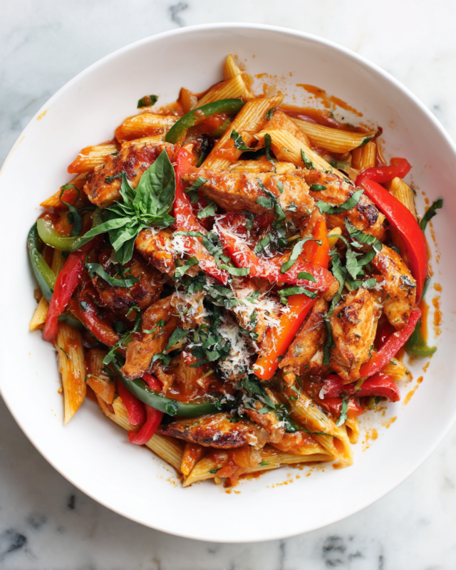Delicious Spicy Chicken Pasta with vibrant vegetables and zesty sauce, perfect for fall gatherings