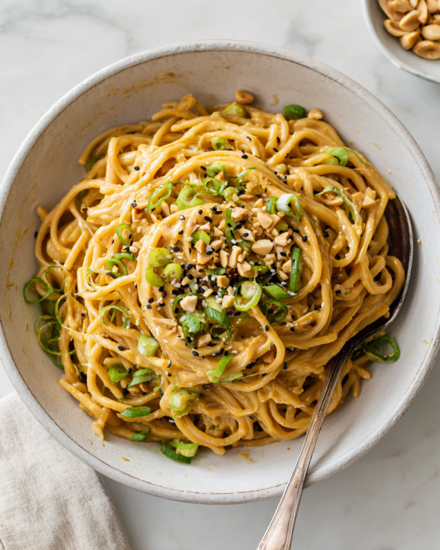 Delicious spicy peanut butter noodles ready in 10 minutes, perfect for quick meals with customizable ingredients.