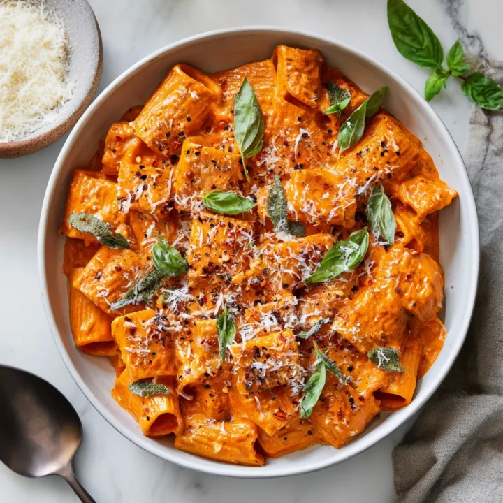 Delicious Spicy Rigatoni alla Vodka, a creamy pasta dish perfect for quick weeknight dinners, topped with fresh basil and parmesan cheese.