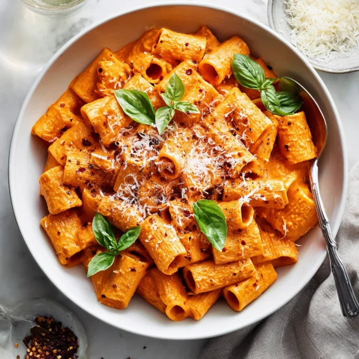 Delicious Spicy Rigatoni alla Vodka, a creamy pasta dish perfect for quick weeknight dinners, topped with fresh basil and parmesan cheese.