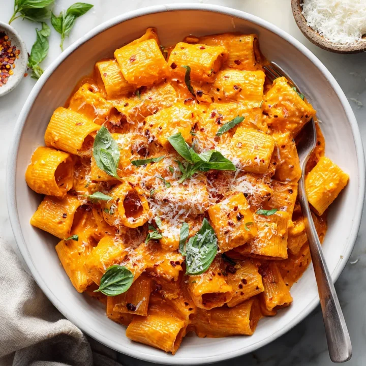 Delicious Spicy Rigatoni alla Vodka, a creamy pasta dish perfect for quick weeknight dinners, topped with fresh basil and parmesan cheese.