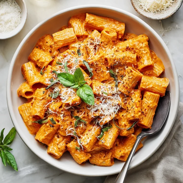 Delicious Spicy Rigatoni alla Vodka, a creamy pasta dish perfect for quick weeknight dinners, topped with fresh basil and parmesan cheese.