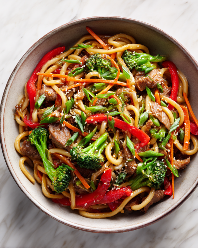 Stir-fry pork udon noodles with colorful vegetables ready to serve.