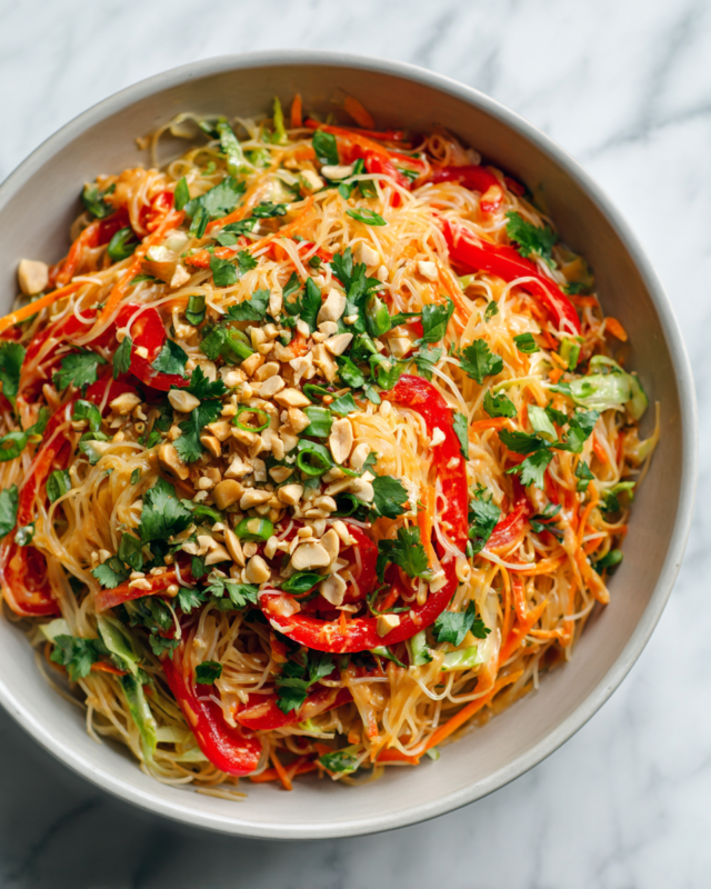 A Vibrant Thai Noodle Salad with Peanut Sauce Thai Noodle Salad with Peanut Sauce topped with fresh ingredients, vibrant and colorful dish perfect for gatherings and holiday tables.