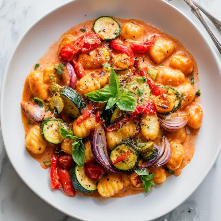 Creamy Tomato Mascarpone Gnocchi garnished with roasted vegetables, perfect for autumn dinners and holiday feasts in 45 minutes.