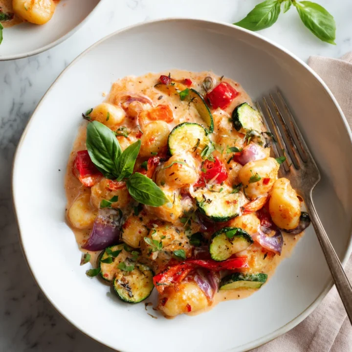 Creamy Tomato Mascarpone Gnocchi garnished with roasted vegetables, perfect for autumn dinners and holiday feasts in 45 minutes.
