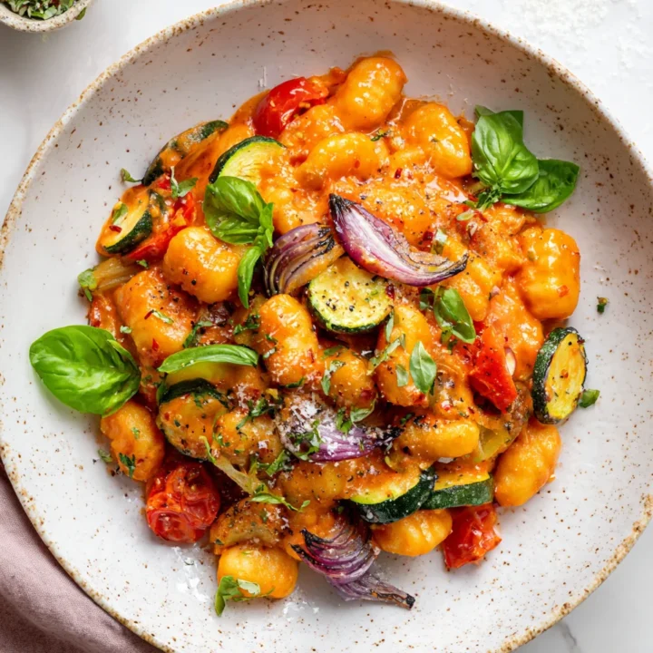 Creamy Tomato Mascarpone Gnocchi garnished with roasted vegetables, perfect for autumn dinners and holiday feasts in 45 minutes.